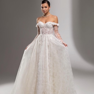 Off shoulder wedding dress, floral lace wedding dress, princess style wedding dress, rustic wedding dress