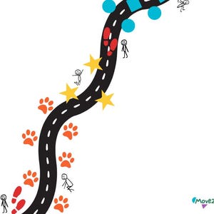 Peut inclure: Une route noire sinueuse avec des empreintes de pas rouges, des &eacute;toiles jaunes et des empreintes de pattes orange. La route m&egrave;ne &agrave; un cercle bleu avec un cercle bleu plus petit &agrave; l'int&eacute;rieur.