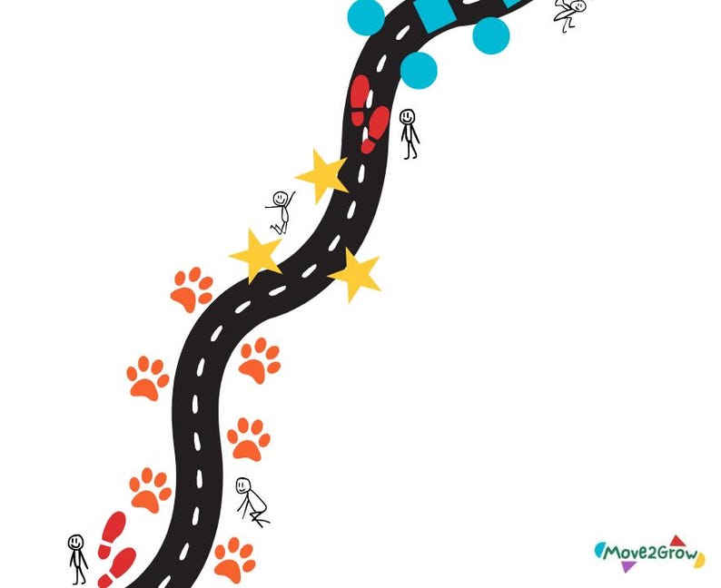 Peut inclure: Une route noire sinueuse avec des empreintes de pas rouges, des &eacute;toiles jaunes et des empreintes de pattes orange. La route m&egrave;ne &agrave; un cercle bleu avec un cercle bleu plus petit &agrave; l'int&eacute;rieur.
