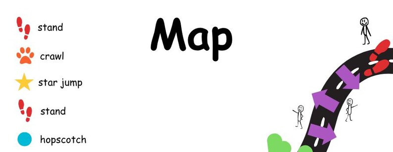 Peut inclure: Une carte avec un chemin sinueux montrant diff&eacute;rentes fa&ccedil;ons de se d&eacute;placer, notamment se tenir debout, ramper, sauter en &eacute;toile et jouer &agrave; la marelle. Le mot "Carte" est &eacute;crit en grandes lettres noires en haut de l'image.