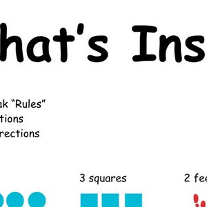 以下が含まれることがあります： 「What's Inside」というタイトルの印刷可能なワークシートで、アイテムとその数量のリストが記載されています。アイテムには、青い円が6つ、青い正方形が3つ、赤い足が2つ、黄色い星が1つ含まれています。