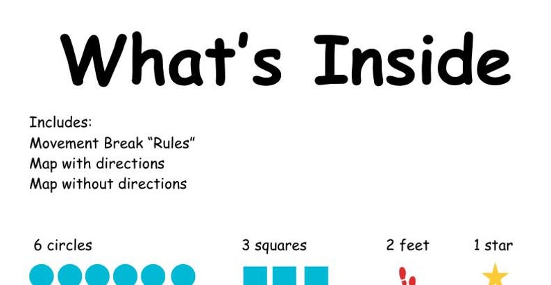 以下が含まれることがあります： 「What's Inside」というタイトルの印刷可能なワークシートで、アイテムとその数量のリストが記載されています。アイテムには、青い円が6つ、青い正方形が3つ、赤い足が2つ、黄色い星が1つ含まれています。