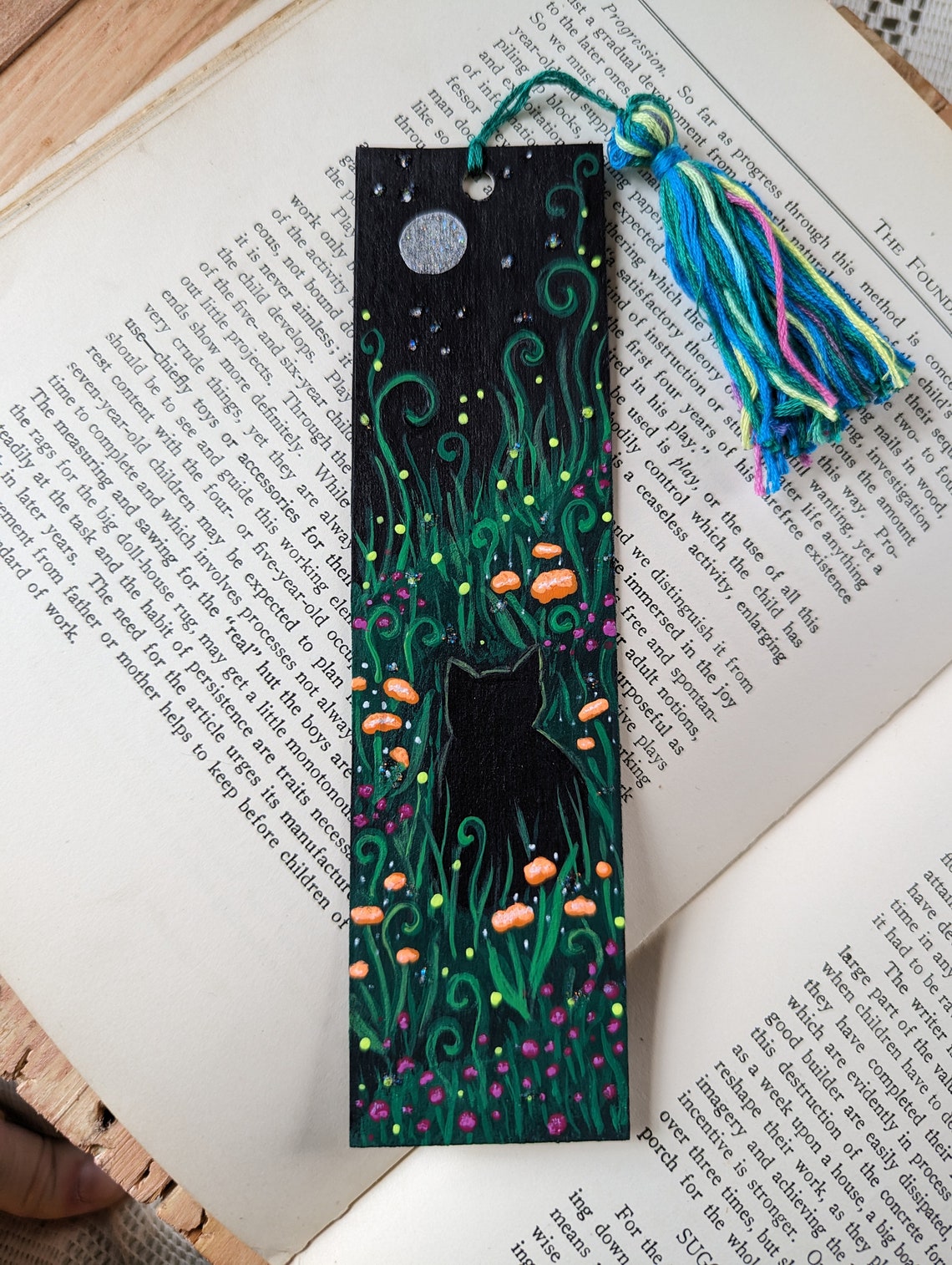 Hand Painted Black Cat Bookmark: Fantasy Moon & Fireflies - Etsy