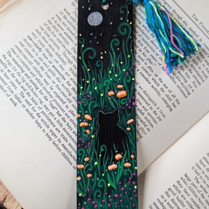 Hand Painted Black Cat Bookmark. Fantasy Cat and Moon Bookmark.