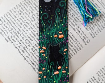 Hand Painted Black Cat Bookmark. Fantasy Cat and Moon Bookmark.