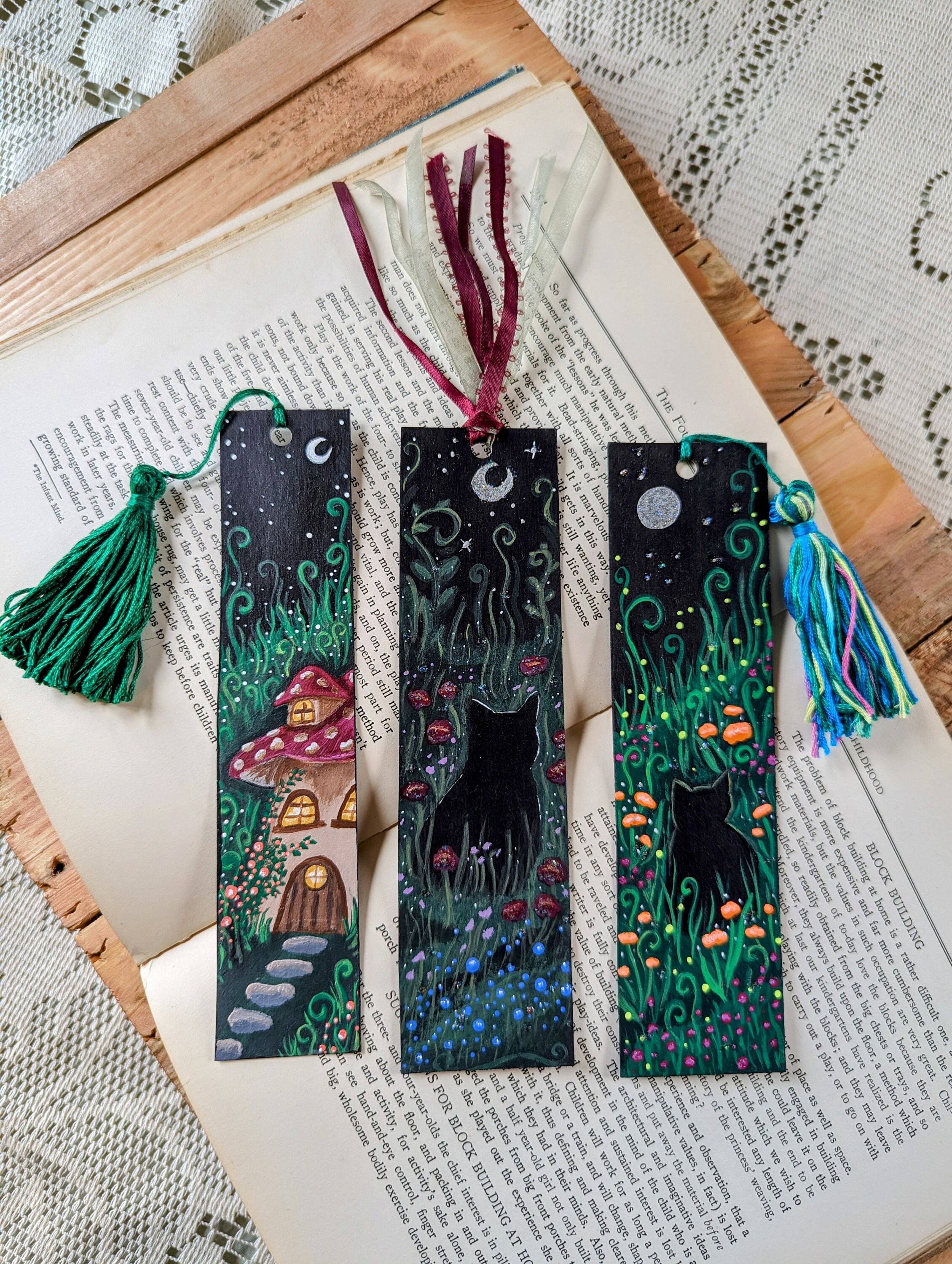 Hand Painted Black Cat Bookmark: Fantasy Moon & Fireflies - Etsy