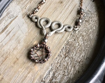 Snake Pentacle Necklace. Copper Wire Wrapped Pentagram Necklace.