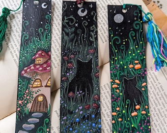 Hand Painted Black Cat Bookmark. Fantasy Cat and Moon Bookmark.