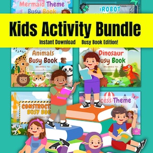 Könnte beinhalten: Ein farbenfrohes Bild, das ein Kids Activity Bundle bewirbt, mit dem Text "Kids Activity Bundle" und "Instant Download Busy Book Edition!". Das Bild zeigt Illustrationen von Kindern mit Büchern und verschiedenen Themen-Beschäftigungsbüchern, darunter "Mermaid Theme", "Animals" und "Dinosaur".