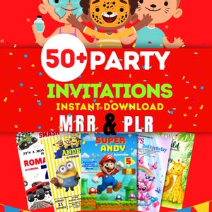 May include: A red graphic with the text "50+ PARTY INVITATIONS" and "INSTANT DOWNLOAD". Below are several colourful invitation designs featuring cartoon characters and themes, including a monster truck, Minions, and Super Mario.