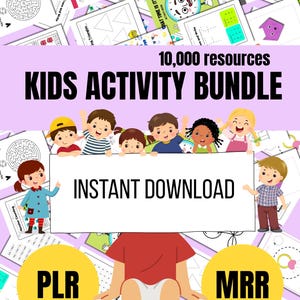 Può includere: Un'immagine che promuove un pacchetto di attività per bambini, con il testo "10.000 risorse KIDS ACTIVITY BUNDLE INSTANT DOWNLOAD". L'immagine presenta vari fogli di lavoro con labirinti, forme ed esercizi di conteggio, e illustrazioni di bambini.