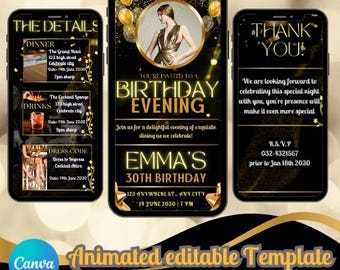 Animated Gold 30th Birthday Invitation: Editable Canva Template