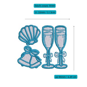 May include: An embroidered design featuring a seashell, a bell with a bow, and two champagne flutes with bows. The design is in shades of white and teal. The dimensions are 4.49 cm high and 5.13 cm wide.