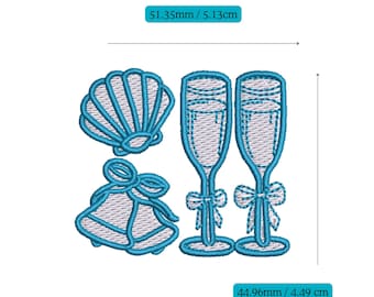 Wedding Champagne glasses embroidery design Sea shell celebration design Bridal Embroidery design for Hen night gift Happy couple Embroidery