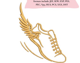 Winged Sneaker Embroidery Design, Golden Running Shoe (Digital Download)