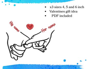 Valentines couple Personalized embroidery files Hands holding fingers with names and heart Embroidery Design