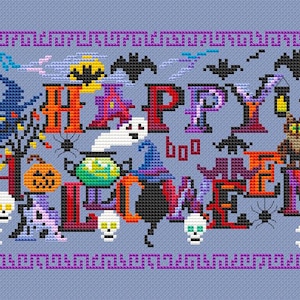 May include: Cross-stitch design with the words "HAPPY HALLOWEEN" in various colours, surrounded by Halloween-themed images like bats, a witch, a ghost, and a jack-o'-lantern. The background is a light blue colour with a purple border.