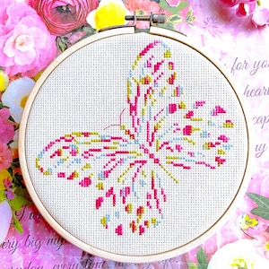 May include: A white embroidery hoop with a colorful butterfly design stitched in pink, yellow, and blue thread. The hoop is on a pink and white floral background.