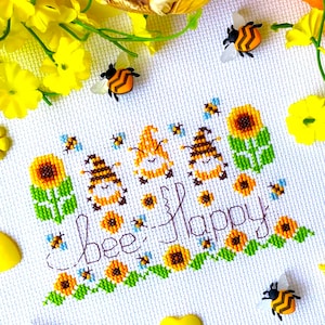 BEE HAPPY Cross stitch pattern PDF by CrossStitchingForFun - SunflowerCrossStitch
