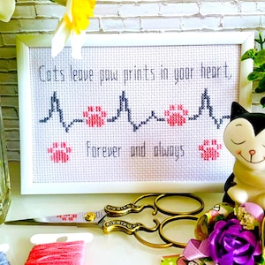 May include: A framed cross-stitch with the words "Cats leave paw prints in your heart, Forever and always." The design features a heartbeat line with paw prints. Gold scissors, thread, and a cat ornament are also present.