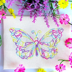 May include: A cross-stitch embroidery of a colorful butterfly on a white canvas background. The butterfly is made with pink, purple, yellow, and blue thread. The canvas is surrounded by pink and yellow flowers.