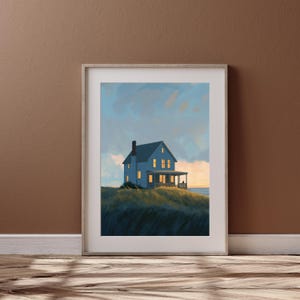 House on a Hill Illustration | Edward Hopper-Inspired Digital Art Print