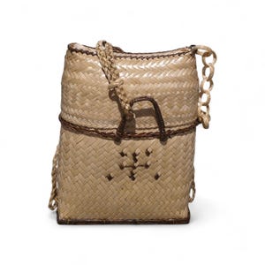 May include: A beige woven handbag with a rectangular base and a rounded top. It has a braided shoulder strap and a decorative design on the front. The top and bottom sections are separated by a dark brown band, and the handle is also dark brown.
