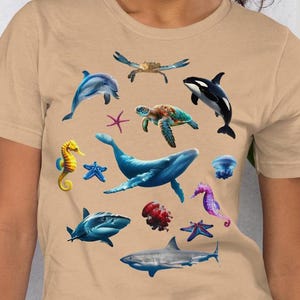 Vida marina, camiseta unisex con estampado frontal, ballena, tortuga marina, pez, estrella de mar, medusa, delfín, tiburón, océano, caballito de mar, cangrejo y animales