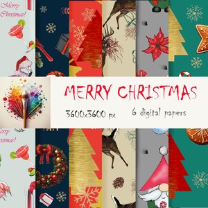 Può includere: Sei design digitali di carta natalizia, ognuno con un motivo diverso. I design includono un albero di Natale rosso e oro, una renna, una stella di Natale, uno gnomo, un biscotto di pan di zenzero e un pennello con schizzi di vernice colorati.