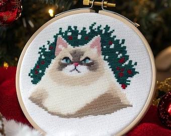 Christmas Cat Cross Stitch Pattern, Small Easy Holiday PDF