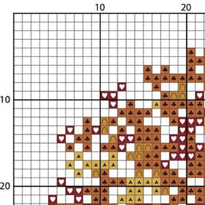 Puede incluir: Una cuadr&iacute;cula de patr&oacute;n de punto de cruz con un dise&ntilde;o que presenta elementos marrones, amarillos y blancos. El dise&ntilde;o incluye formas de coraz&oacute;n y otros patrones geom&eacute;tricos. La cuadr&iacute;cula est&aacute; marcada con n&uacute;meros en la parte superior y lateral.
