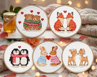 Paquete de patrones de punto de cruz de animales para parejas / Descarga fácil en PDF para San Valentín / Amor, ideal para principiantes