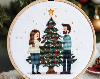 Christmas Couple Cross Stitch Pattern, Small Easy Christmas Tree PDF