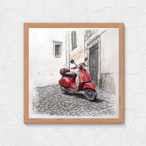 Classic Vespa, Vespa Pencil Art, Classic Sketch of Italian Icon, Digital Art Printing, Digital Download, Home Decor, Printable Art.