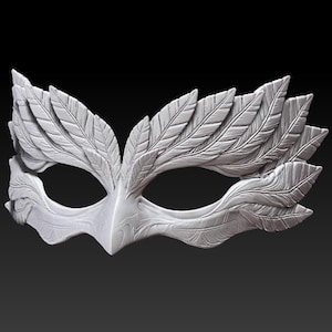 May include: A white masquerade mask with a delicate design of leaves and feathers. The mask is made of a smooth, lightweight material and has a classic, elegant look.