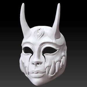 May include: White plastic mask with a stylised face, horns, and teeth. The mask has a single eye in the centre of the forehead.