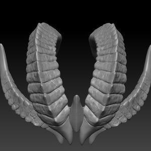 May include: A pair of detailed, textured, gray, sculpted horns. The horns are curved and pointed, with a textured surface that resembles scales or ridges.