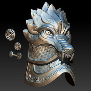 May include: A silver-colored wolf head helmet with intricate details and a textured surface. The helmet is a decorative piece with a fierce expression.