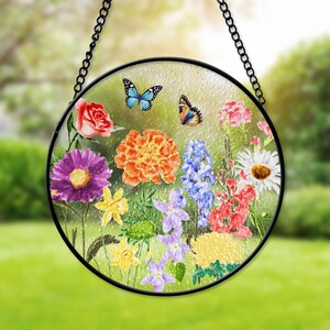 Custom Family Birth Flowers Stained Glass Suncatcher, Custom Grandma&#39;s Garden Gift, Birth Flower Gift, Mother&#39;s Day Gift For Mom Grandma