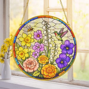 Custom Family Birth Flowers Stained Glass Suncatcher, Custom Grandma&#39;s Garden Gift, Birth Flower Gift, Mother&#39;s Day Gift For Mom Grandma