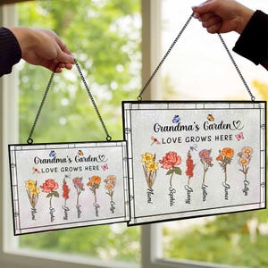 Aangepaste gebrandschilderd glas geboortemaand bloemen Suncatcher, aangepaste moeder/oma&#39;s tuinraamgordijnen, Moederdagcadeaus voor oma, moeder cadeau