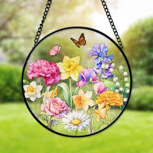 Custom Family Birth Flowers Stained Glass Suncatcher, Custom Grandma&#39;s Garden Gift, Birth Flower Gift, Mother&#39;s Day Gift For Mom Grandma
