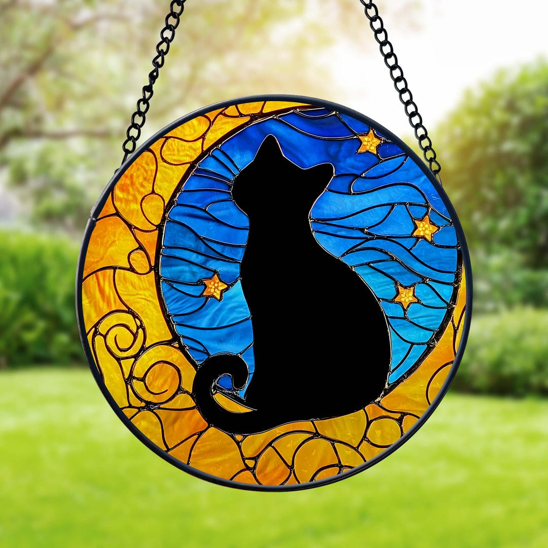 Faux Stained Glass Cat With Moon Suncatcher, Cat on Moon Window Hanging ...