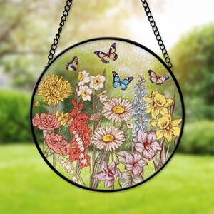 Custom Family Birth Flowers Stained Glass Suncatcher, Custom Grandma&#39;s Garden Gift, Birth Flower Gift, Mother&#39;s Day Gift For Mom Grandma