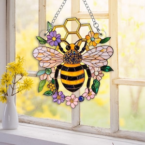 Bees Acrylic Window Hangings, Beehive and Flower Faux Stained Glass Suncatcher, Home House Decor, Yellow Suncatcher, Honey Bee Lover Gifts