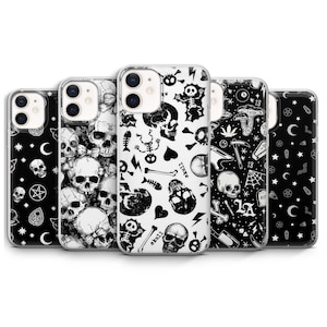 May include: Set of five black and white iPhone cases with different skull and gothic designs. The designs include skulls, bones, hearts, and other gothic imagery.