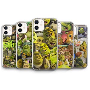 May include: Set of six phone cases featuring a collage of Shrek characters. The cases are clear and show a variety of Shrek characters, including Shrek, Fiona, Donkey, and Puss in Boots. The cases are all different designs, but they all feature the same characters.