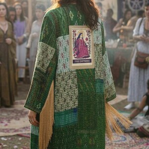 Empress Green Silk Kantha Duster with Gold Fringe | One of a Kind Goddess Robe