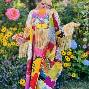 Repurposed Kantha Patchwork Quilt Blanket Duster Robe Fringe Butterfly (One Size)