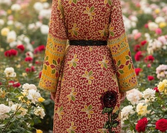 Bata larga de edredón Kantha Rosa Silvestre - Bata bohemia única
